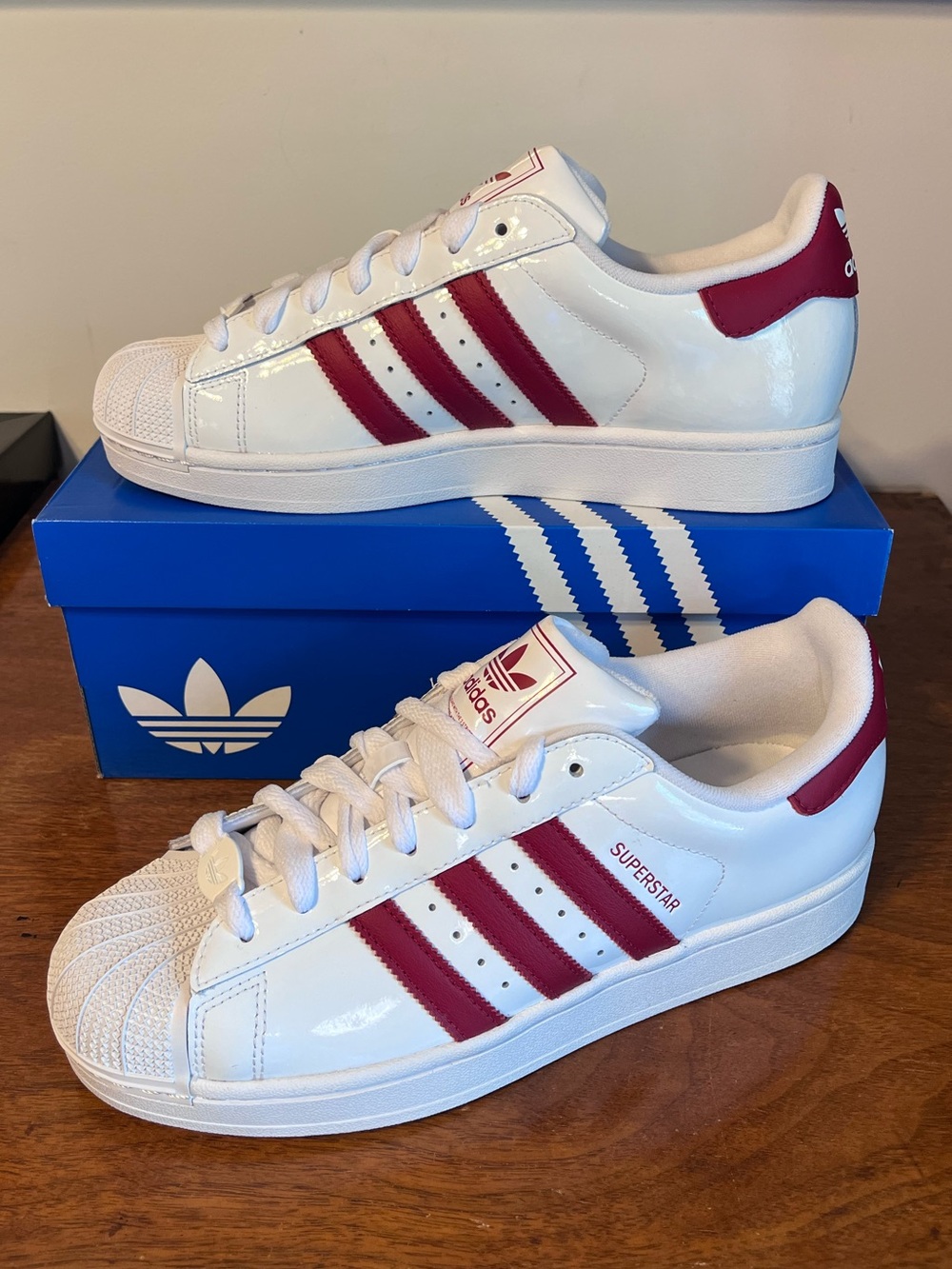 ADIDAS Women's White / Red Patent Leather Superstar II Shoes